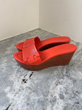 Tory Burch Orange leather Perforated Slide Mules- Like New Condition